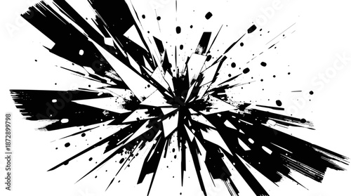 Abstract black and white explosion effect with sharp radiating fragments and ink splatters.
