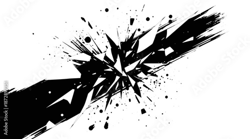 Black and white abstract explosion with jagged shards and ink splatters, dynamic graphic design element.