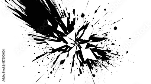 Abstract black and white explosion with shattered fragments and ink splatters, creating a dynamic grunge effect.