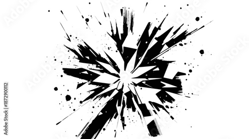 A black and white abstract explosion or shattered glass effect with grunge ink splatters.
