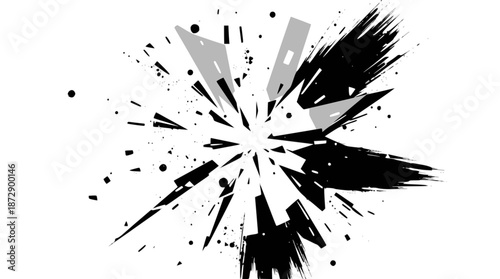 Abstract black and white explosion with shattered fragments and ink splatters radiating outwards from a central point, creating a dynamic and chaotic visual effect.