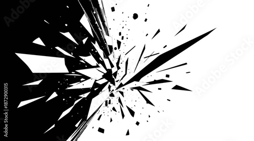 A dynamic black and white abstract image depicting a shattering or explosion effect with sharp, fragmented pieces radiating outwards from a central point.
