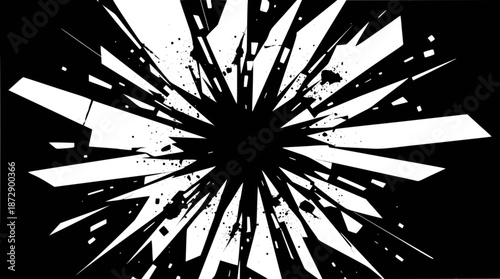 Abstract black and white shattered glass explosion effect with sharp fragments and splatters.