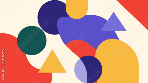 Abstract composition of colorful geometric shapes overlapping on a light background.