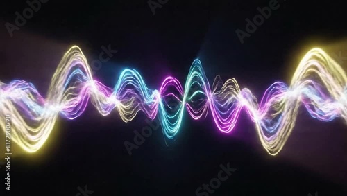 Vibrant 4K Video visualization of glowing neon waves swirling in a dark space with colorful lights