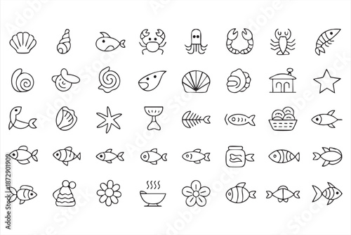 Seafood Ocean Line Icon Set for Fish Market and Restaurant Menus