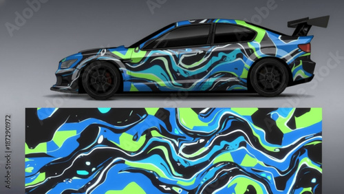A sports car with a vibrant blue, green, and black abstract fluid art vinyl wrap design.