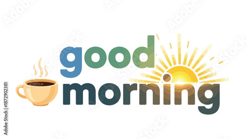 Digital illustration of a steaming coffee mug and a radiant sun, symbolizing morning freshness, warmth, and optimistic new beginnings for a new day.