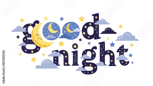 Whimsical nocturnal greeting illustration featuring a friendly crescent moon and scattered stars on dark blue letterforms, promoting peaceful