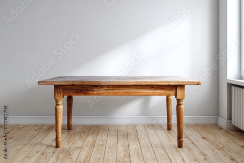 Wooden table stands in a bright room with light streaming through a window.