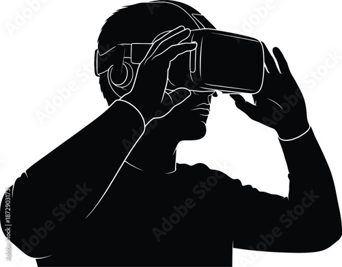 Silhouette of a person wearing a virtual reality headset while engaging with digital immersive experiences against a stark white background