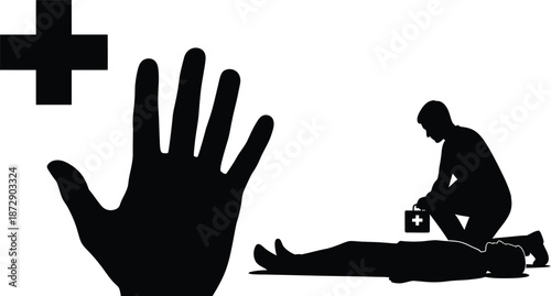Silhouette illustration representing emergency first aid response and medical assistance symbolized by a large hand and a helping professional attending to an injured person