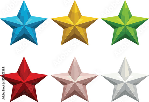 Set of six colorful 3D star vector icons with faceted metallic texture in blue gold green red pink and silver for premium quality ratings awards and festive celebration