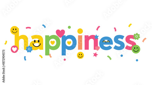 Colorful and cheerful 'Happiness' typography with playful emojis and confetti celebrating joy and good vibes