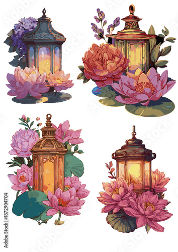 Set of traditional Asian glowing lotus lanterns and lamps with flowers (Concept for Vesak Day and Lantern Festival)

꽃이 있는 빛나는 전통 아시아 연등 및 램프 세트 (부처님 오신 날 및 연등 축제 컨셉)