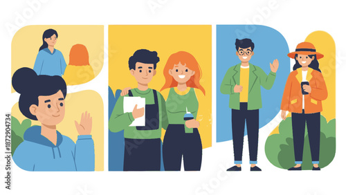 Diverse group of young people in various poses and interactions.