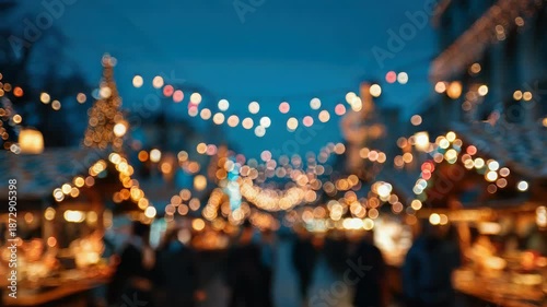 Festive evening at vibrant outdoor market with twinkling lights and crowds