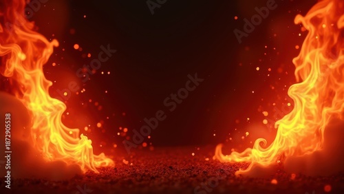 fiery abstract background with glowing red orange flames bursting from corners forming natural frame flying sparks and subtle smoke effects dramatic fire composition with dark center 