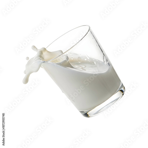 Fresh Milk Splashing Out of a Falling Glass Cup Isolated on Plain Background