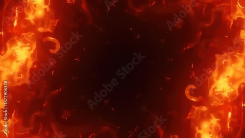 fiery abstract background with glowing red orange flames bursting from corners forming natural frame flying sparks and subtle smoke effects dramatic fire composition with dark center 