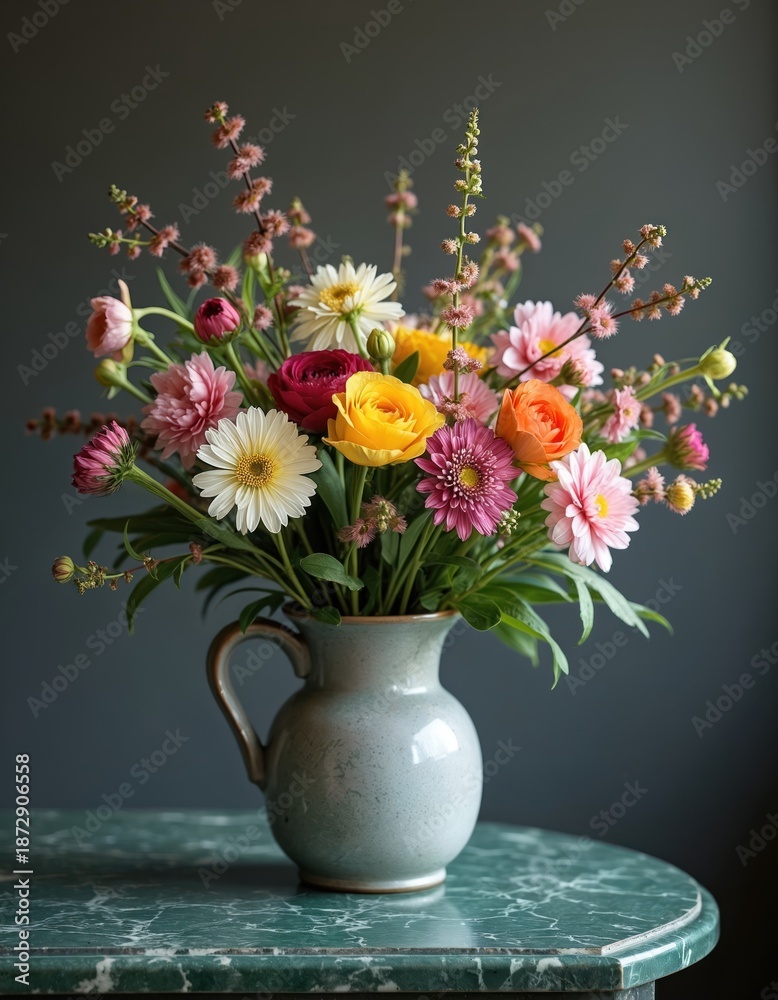custom made wallpaper toronto digitalA vibrant bouquet of mixed flowers in a gray earthenware jug sits on a green marble table. The arrangement displays a variety of colors with a dark background.