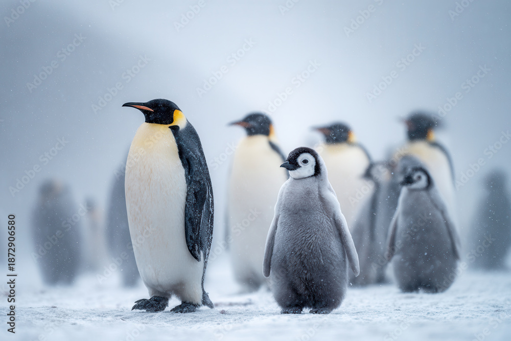 Obraz premium Penguins stand together in snow with chicks during cold winter in Antarctica