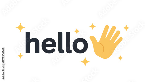 Bright digital 'hello' graphic featuring a waving hand and cheerful sparkles for a warm welcome