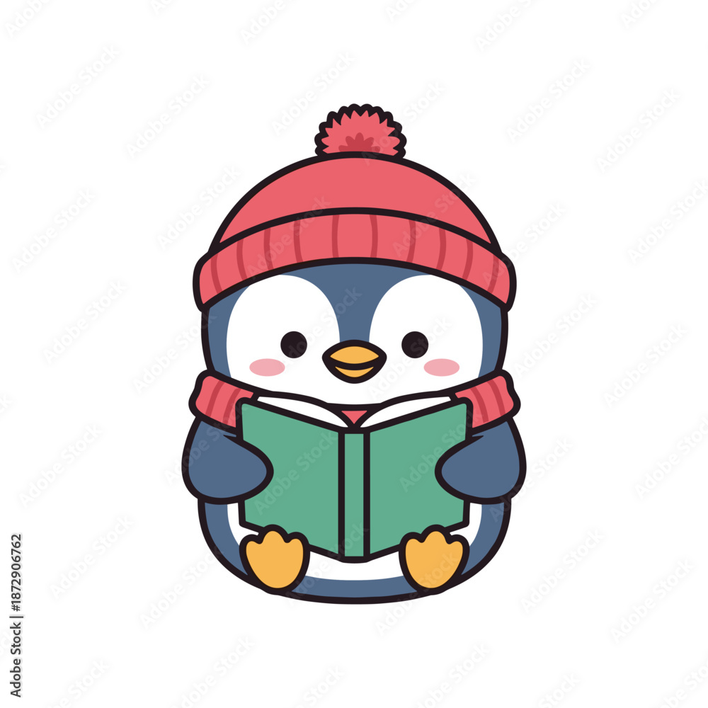 Obraz premium Penguin Reading Book Vector Illustration