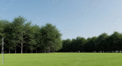 Lush Green Grass Field and Forest Edge under Clear Blue Sky, Ideal Backdrop for Environmental Concepts and Advertising Copy Space.