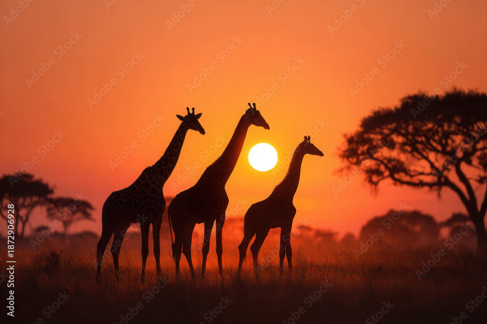 Fototapeta premium Three giraffes stand together at sunset against a colorful sky in an African landscape with trees in the background