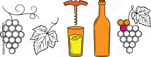 Vibrant winery and vineyard icon set featuring bunches of grapes, a detailed grapevine leaf, an orange wine bottle, a glass filled with yellow wine, and a manual corkscrew in a clean line-art style.