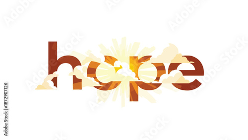 Uplifting 'Hope' word art, infused with glowing sunbeams and gentle clouds, symbolizing a positive outlook and new dawn