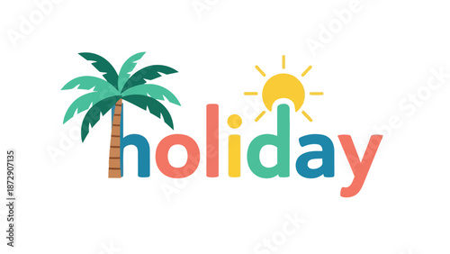 Vibrant tropical vacation emblem featuring a joyful palm tree and radiant sunshine for a perfect getaway