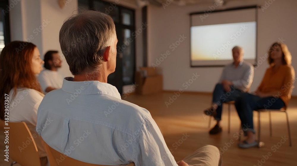 Fototapeta premium A diverse group of people in a room attending a presentation or group session with warm late day light