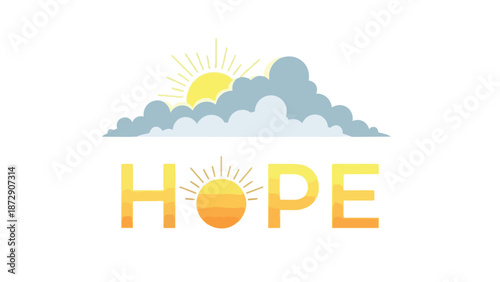 Luminous 'HOPE' message illuminated by sun, emerging from behind soft clouds artwork