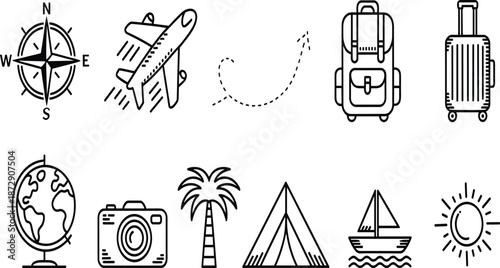 Extensive travel and adventure icon set featuring compass rose, airplane, flight path, backpack, rolling suitcase, globe, camera, palm tree, camping tent, sailboat and sun in art style.