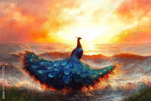 Majestic peacock on the shoreline with outspread iridescent tail before a fiery sunset over crashing ocean waves, evoking awe and serene wonder