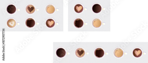 Coffee cup top view, mug. Coffee espresso latte macchiato hot drink top view, delicious iced americano with heart of foam, menu design.