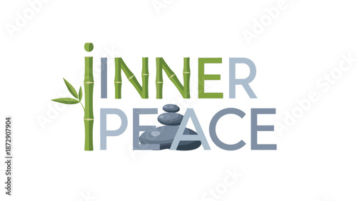 Harmonious balance conceptualized through bamboo and stacked zen stones depicting the serene phrase 'Inner Peace' in an illustrative, calming design