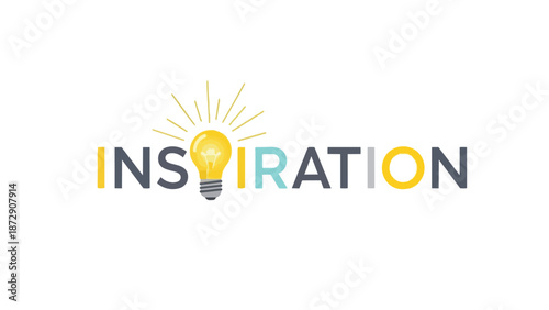 Conceptual graphic illustrating 'INSPIRATION' with a luminous bulb as its core 'I', radiating innovation, representing brilliant ideas and