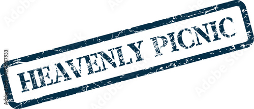 Authentic blue rubber stamp impression displaying the phrase Heavenly Picnic for outdoor fun