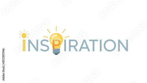 Vibrant illustration depicting the word 'Inspiration' where two illuminated lightbulbs replace letters symbolizing brilliant new ideas and