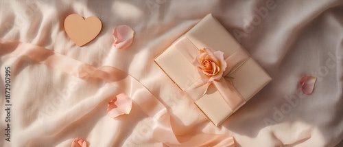 valentine gift flat lay of wrapped box with ribbon and rose petals on soft linen fabric