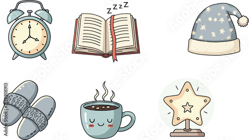 Cozy bedtime routine vector illustration with alarm clock, slippers, nightcap, hot drink, reading book, and glowing night lamp.