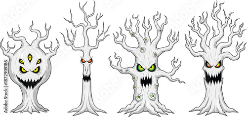 Creepy haunted trees with scary faces, spooky Halloween illustration, evil forest spirits, horror fantasy concept, dark vector art for decoration.
