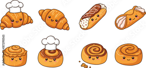 Cute kawaii bakery pastry illustration cartoon vector set with croissants, cinnamon rolls, eclairs, cannoli, and sweet desserts isolated white background