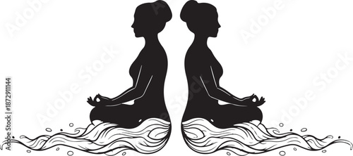 Two Women Meditating in Lotus Position Silhouette Illustration