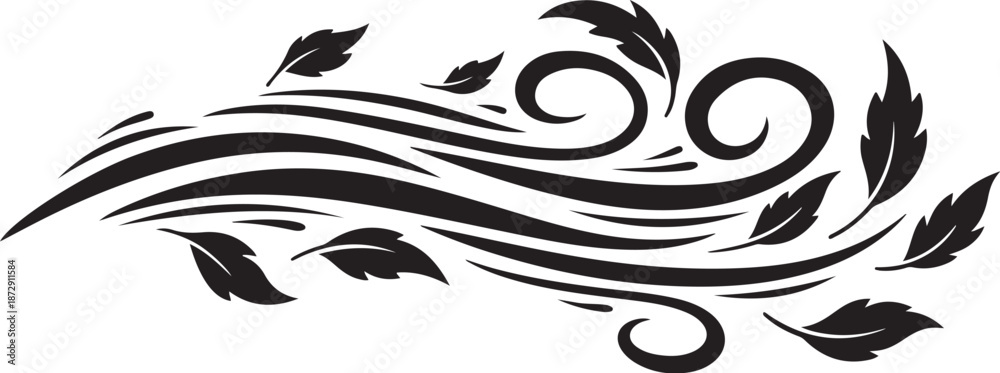 Fototapeta premium Elegant black swirling leaves and feathers design element isolated