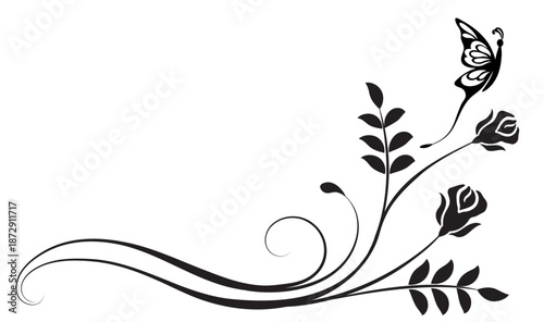 Floral corner ornament with roses flowers and butterfly. Text divider. Graceful decorative element for decor and text greeting or invitation card design.
