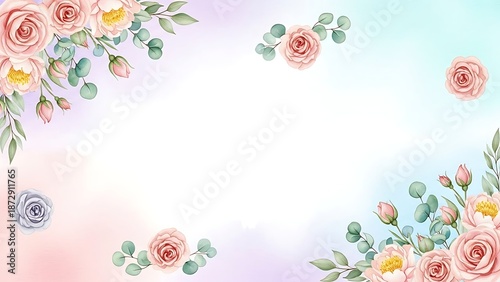 Beautiful floral border with pink roses and eucalyptus on pastel background
